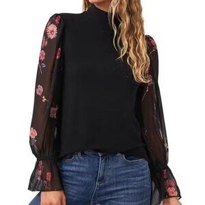 CeCe Mixed Media Long Floral Print Lurex Chiffon Sleeve Mock Neck Crepe Knit Top